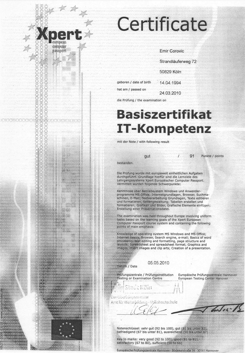 IT-Kompetenz Xpert Zertifikat von der euZBQ Xpert ECP (European Computer Passport Europäischer Computer Pass)